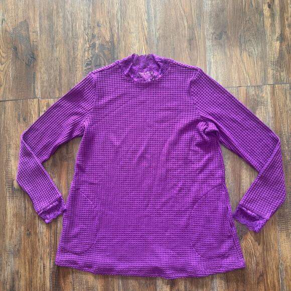 LOGO Lori Goldstein SMALL sparkling grape long sleeve blouse lace waffle knit - Picture 5 of 13
